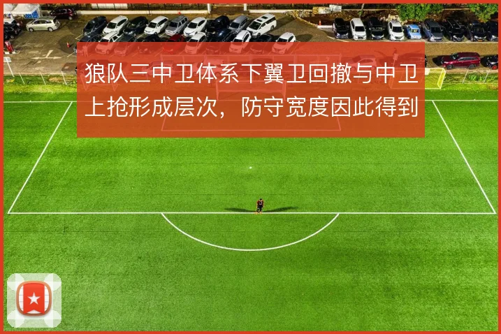 狼队三中卫体系下翼卫回撤与中卫上抢形成层次，防守宽度因此得到保障